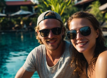 Young expat couple relaxing beside a swimming pool in Cambodia