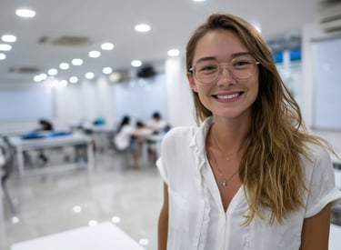 Modern Cambodian classroom with a young English teacher smiling at the camera