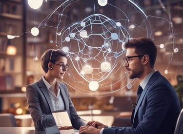 A humanoid robot with large, expressive eyes stands prominently, capturing attention in a tech event setting. People in business attire are visible in the background, engaged in conversation and examining displays. The scene is vibrant with a backdrop that features the phrase 'Connected All Over Europe' in bold pink lettering.