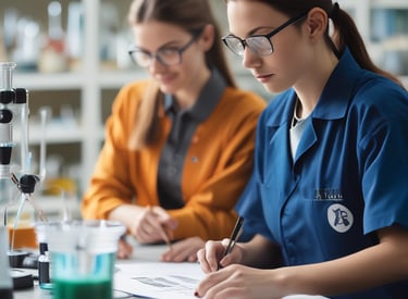A group of students discussing in a classroom with charts on the wall.