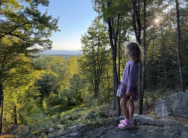 a young girl standing on a rock in the woods of New Hampshire looking at the landscape beyond