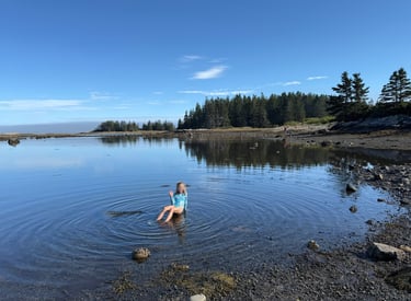 A girl sitting in a shallow tide pool along the coast of Maine at Acadia National Park