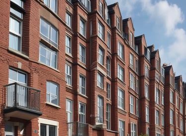 A row of three connected buildings, each with distinct architectural styles. The central building is painted bright green with a sign indicating a location for lease. It has four windows, and graffiti is visible at the top. To the left is a red brick building with two recessed windows, while the right building is white with a display window featuring a 'SALE' sign. A street runs in front of the buildings with a visible sidewalk.
