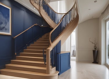 Wooden staircase viewed from one side, showing craftsmanship in natural light