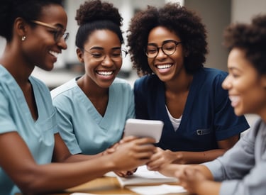 A classroom with five nurses in uniforms seated at desks, facing a blackboard where another nurse is writing. Anatomical charts and a skeleton model are visible, indicating a lesson on human anatomy.