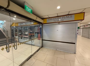 Treasure Place gift shop storefront with metal rolling shutters and glass doors in a shopping mall.