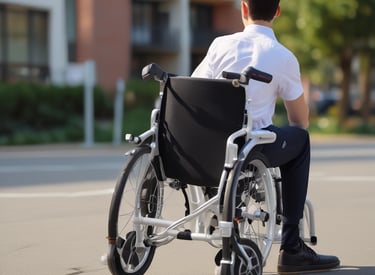 A person in a hoodie, using a wheelchair equipped with a large green delivery backpack labeled 'Grab.' They are on a paved street with parked cars on the side and a multi-story residential building in the background.
