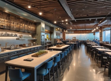 A quaint Italian restaurant with an outdoor seating area displaying white tablecloths covering round tables. The building has a rustic appearance with weathered stone walls and shuttered windows. A chalkboard menu is placed outside, advertising various pasta dishes and pizza. Ivy climbs part of the wall beside a yellow and red emblem of a rooster.