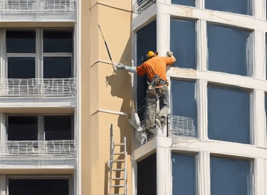 professional at heights and outside a building with a ladder painting a balcony.