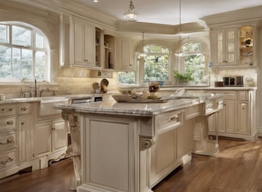 a kitchen with a large island and a large window
