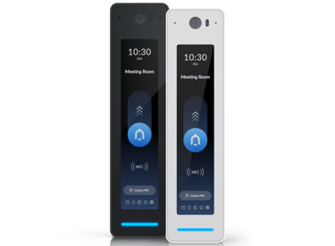 Unifi G3 Pro Readers in black and white finishes, featuring touch screen display, PIN access, and modern access control