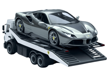 un véhicule de luxe rare sur une dépanneuse blanche pour un transport automobile