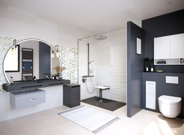 une salle de bain design adapté au fauteuil roulant avec une douche PMR