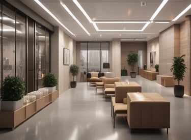 A modern office layout with collaborative workspaces.