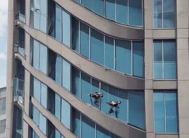 A close-up of a building facade being cleaned by a drone.