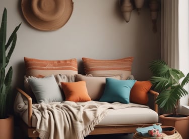 Decorative cotton items arranged on a handcrafted wooden shelf.