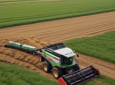 a tractor and a combine harvesting a field of wheat
