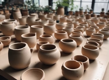A well-lit interior of a shop filled with a variety of pottery and ceramic items, displayed on shelves and tables. The shop showcases an array of teapots, bowls, and decorative statues. The ambiance is enhanced by hanging lamps and a wooden slatted ceiling. There's a touch of greenery with potted plants adding to the decor, and large windows offer a view of trees outside.