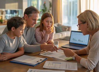 A family reviews financial planning documents with a professional advisor at a dining table.