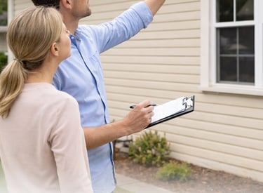 Professional home inspector with clipboard showing roofing details to a homeowner for maintenance guides.