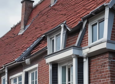 A picturesque tiled roof under a clear sky.