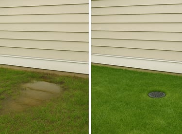 Before and after showing water puddled in yard before and a drain in yard after