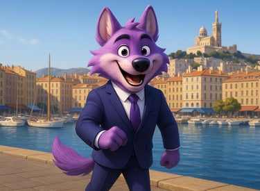 Loup mascotte Alpha Digital FR en costume devant le Vieux-Port de Marseille, représentant notre serv