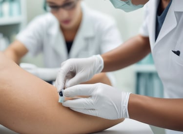 A friendly technician collecting a blood sample from a patient at home.