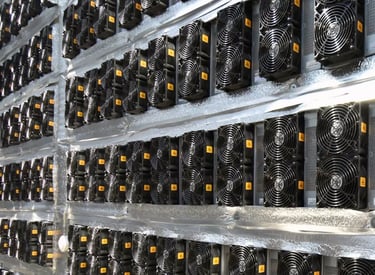 Rows of ASIC crypto mining hardware with cooling fans in a high-tech data center farm.