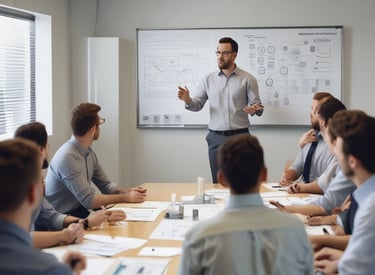 A team of professionals discussing environmental strategies in an office setting.
