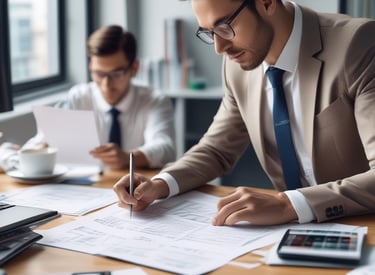 An auditor reviewing financial documents in a modern office.