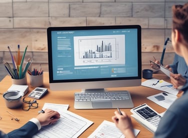 An auditor reviewing financial documents in a modern office.