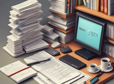 An auditor reviewing financial documents in a modern office.
