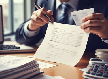 An auditor reviewing financial documents in a modern office.
