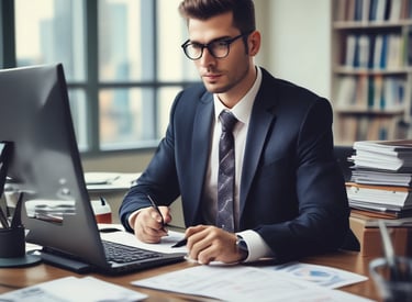 An auditor reviewing financial documents in a modern office.