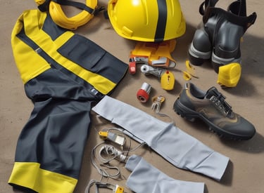 A construction site with stacks of red bricks and several yellow bags on a dirt ground, surrounded by wooden poles. The bricks are neatly piled, and the bags appear to be filled with construction materials.
