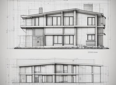 a drawing of a building with a large building in the background