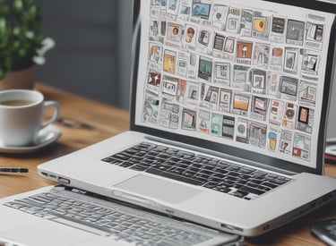 A person with a backpack is walking a small white dog on a leash along a stone-paved street. The setting includes an old stone wall, and the person is wearing a blue-patterned shirt, white shorts, and white sneakers.