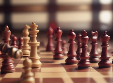 A chessboard set up for a game with white and dark chess pieces positioned for play. The setting includes soft lighting, a wooden table, and comfortable chairs in the background, creating a cozy atmosphere. A small vase with dried flowers is seen to the side of the chessboard.
