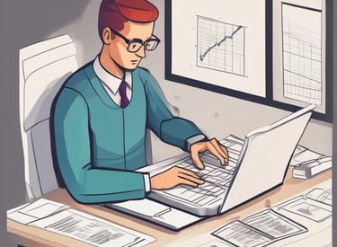 A person is typing on a MacBook Pro, viewing a website titled 'Personalize your portfolio.' The webpage displays three sections related to investing, each with different images and text. The laptop is on a grey table with a dark sofa and indoor plants in the background.