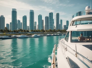 A small motorboat is docked in a calm marina with clear blue water. Several yachts are lined up across the water, with a cityscape of mid-rise buildings in the background. The sky is clear and sunny, and a few palm trees and green spaces are visible by the waterfront.