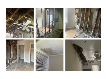 a series of photos from a fire damaged house