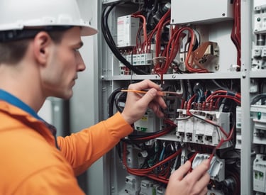 A wall with multiple electrical panels is displayed. Above the panels, a neon sign reads 'TOALETY', which suggests a public restroom indicator. The setup is industrial with a utilitarian aesthetic, featuring dark tones and exposed wiring.