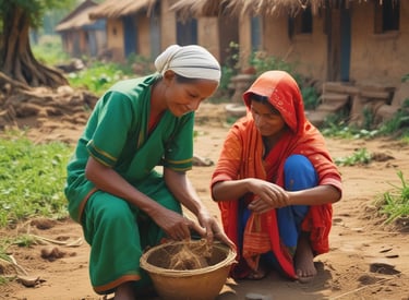 A person wearing a wide-brimmed hat and sunglasses is kneeling on a farm field, planting seedlings. They are dressed in work attire, including boots and overalls. The field has rows of small plants with holes prepared for planting, and the sky is partly cloudy.
