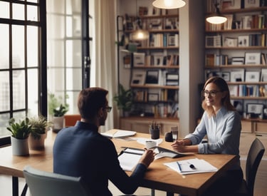 Two women stand in an office environment, looking at a large digital display on the wall showcasing a social media feed. One woman is smiling and gesturing with her hand. The area is modern and well-lit, with a small white cabinet featuring multicolored drawers in the foreground. Clear glass doors and partitions define the space, indicating a professional setting.