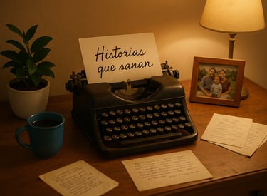 a typewriter typewriter on a desk with a notepad and a cup of