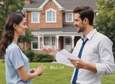 A cityscape with a real estate sign in the foreground, prominently displaying the name and phone number. Surrounding the sign are various buildings with different architectural styles, some with scaffolding and green netting. The scene features a mix of older, worn structures alongside modern glass-fronted buildings. Power lines and construction materials add to the urban complexity.