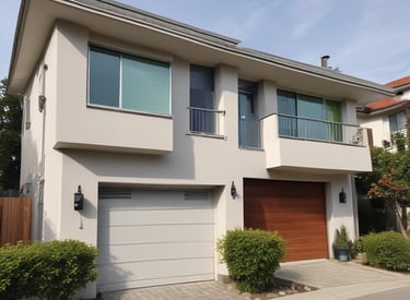 A multi-story house with intricate architectural details, featuring steep, pointed roofs and multiple windows. A large blue banner with white text 'For Sale Exclusivity' partially covers the front of the building. The structure is surrounded by lush green trees.