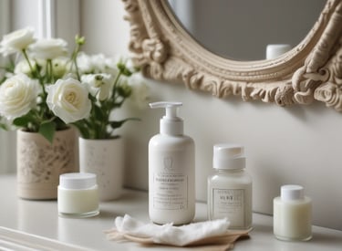 A collection of skincare products are arranged on a glossy surface. The central focus is a green tube from L'Occitane with intricate labeling. Surrounding it are a white cylindrical container and a gray tube with blue accents. In the background, a decorative green and white ceramic object and a blurred, abstract pattern add to the aesthetic.