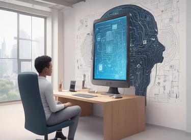 A laptop displays a webpage titled '150 ChatGPT copywriting prompts' with a logo above the text. It suggests using AI to improve copywriting skills. On the left, part of a colorful sandwich is partially visible, adding a contrast to the academic theme on the screen.